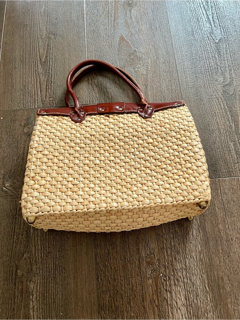 Brown Leather & Natural Woven Tote Handbag 10/13 Inches - Picture 7 of 10